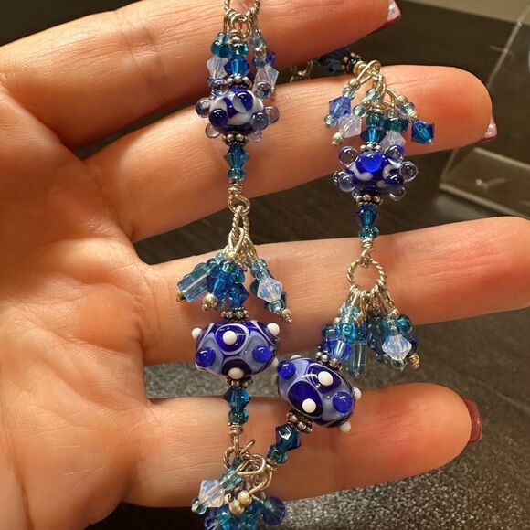 Vintage blue hand-blown glass and sterling silver bracelet, pendant bundle! - Picture 5 of 16